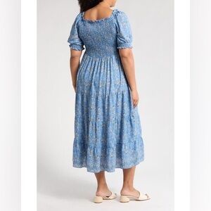 Max Studio Blue Smocked Tiered Midi Sundress (Large)